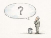 問いを抱えて考える年配の人物と、小さなAIの象徴を描いた手書き風イラスト