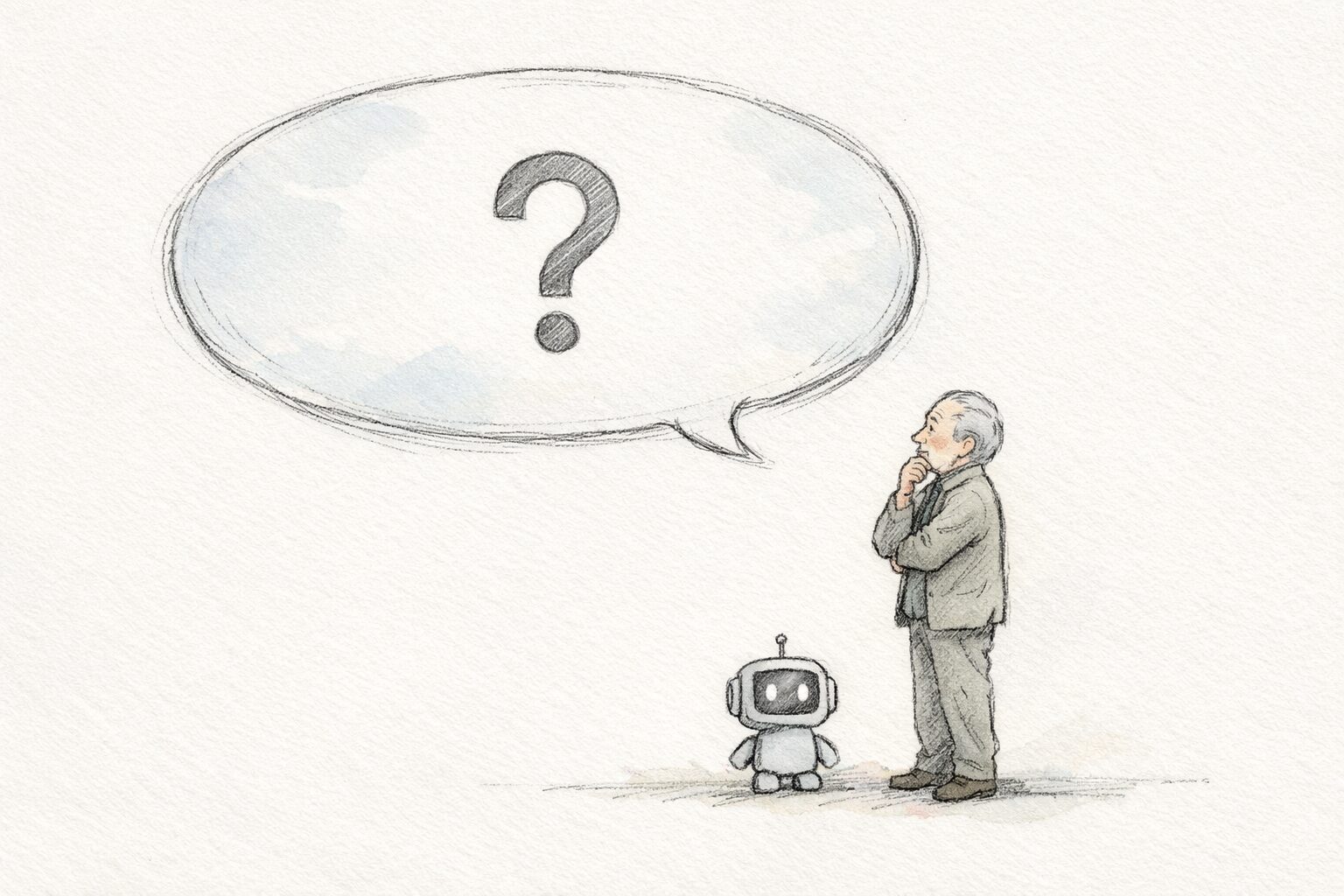 問いを抱えて考える年配の人物と、小さなAIの象徴を描いた手書き風イラスト