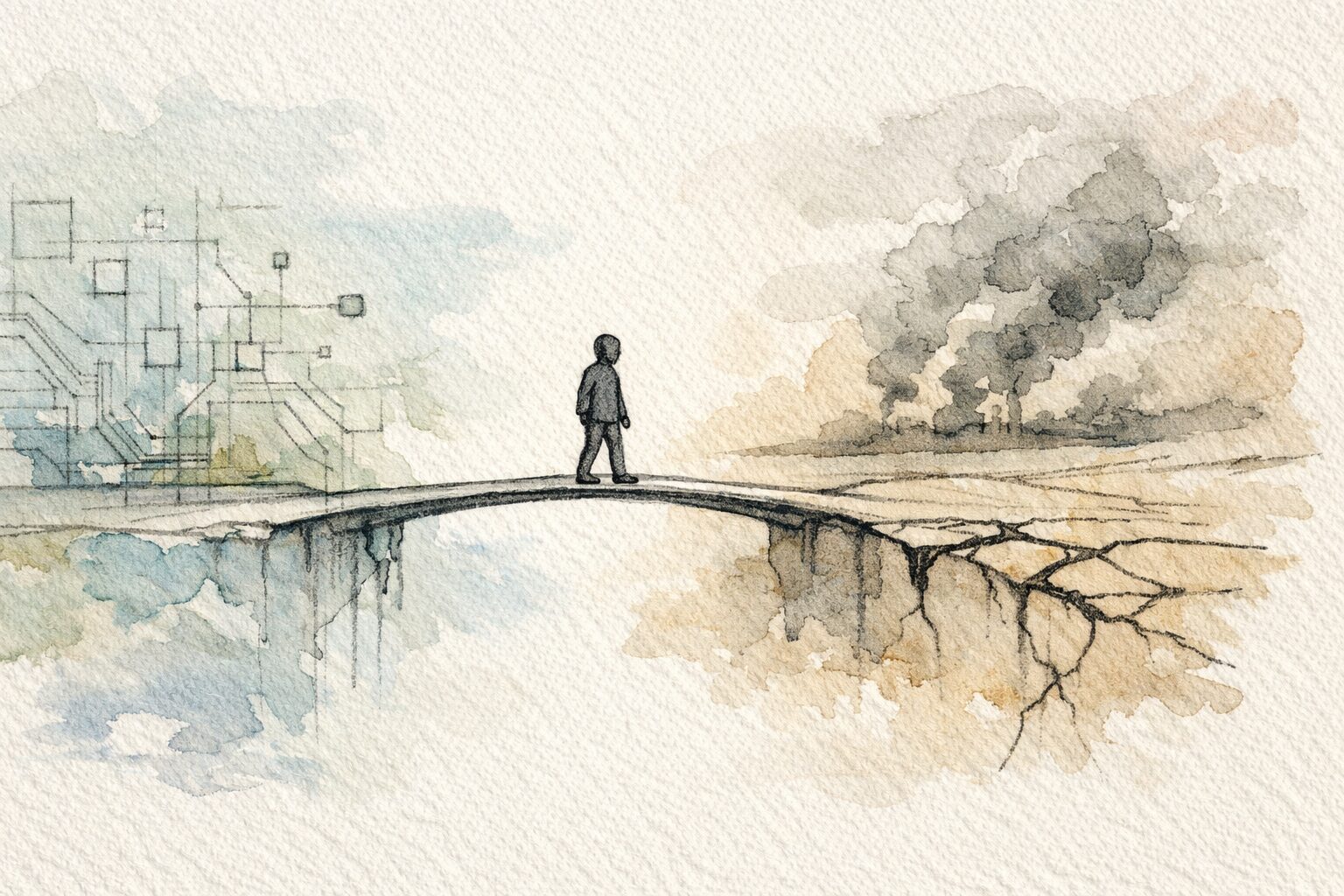 AIの回路模様と戦争の煙を象徴する景色を一本の橋がつなぎ、中央で立ち止まる人物を描いた手書き風の挿絵。