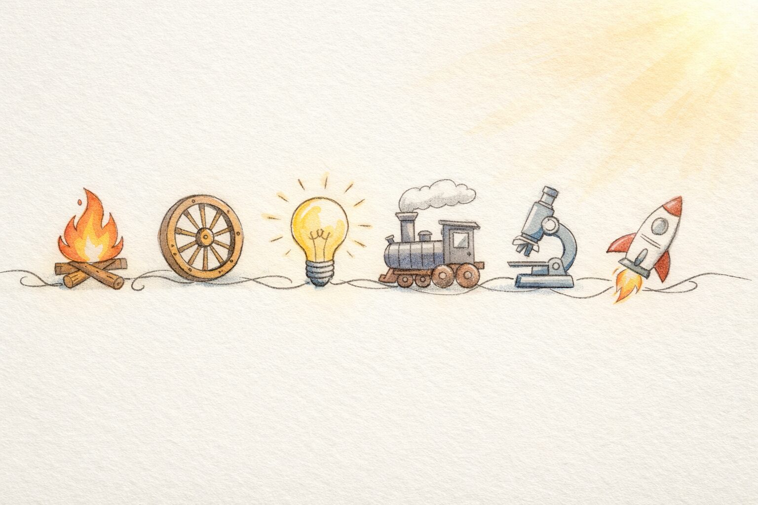 火・電球・顕微鏡などの発明をスケッチ風に並べ、試して進歩してきた歴史を表す手書きの挿絵。