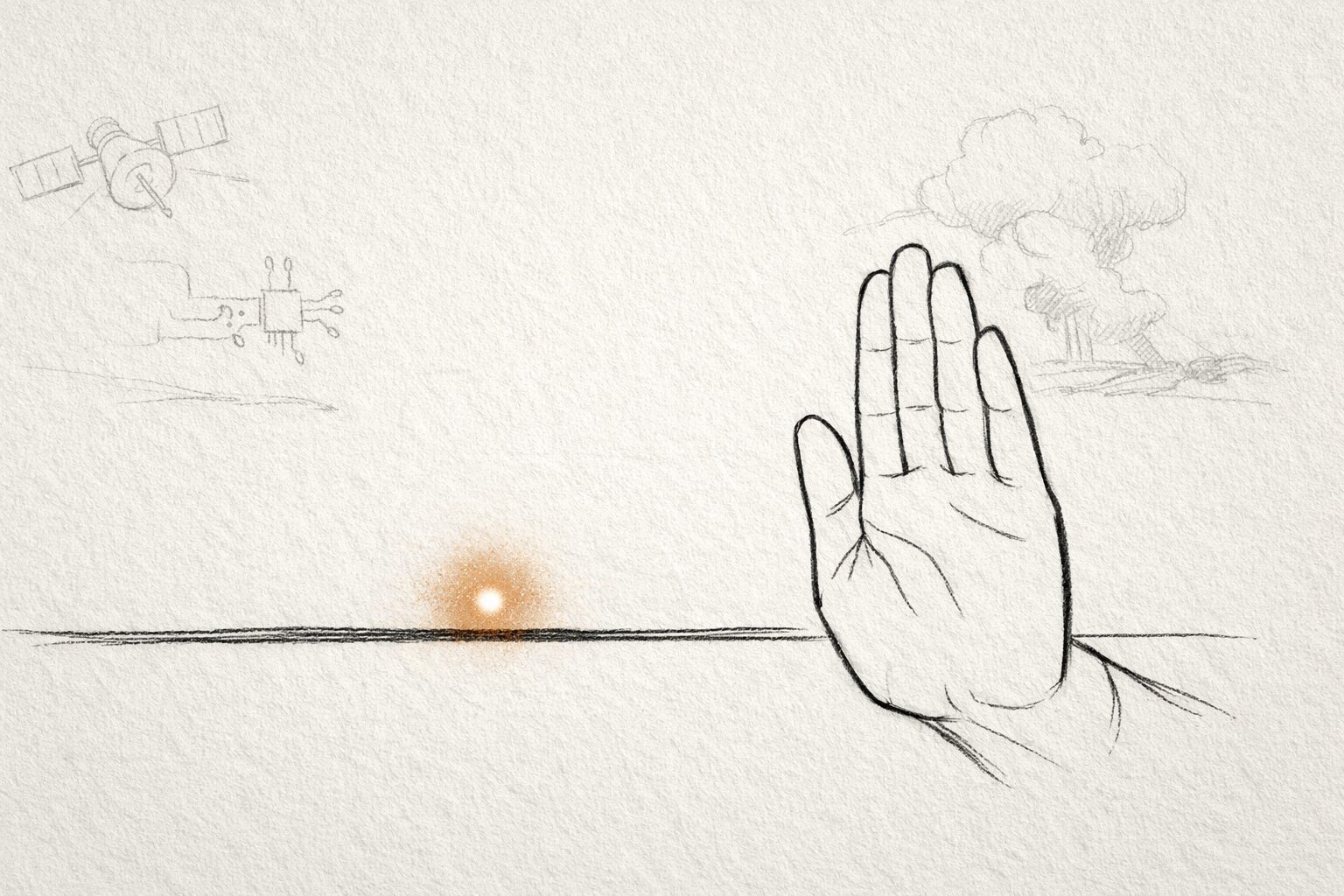 停止線の前で手を上げて立ち止まる合図をする、節度とブレーキを象徴した手書き風の挿絵。