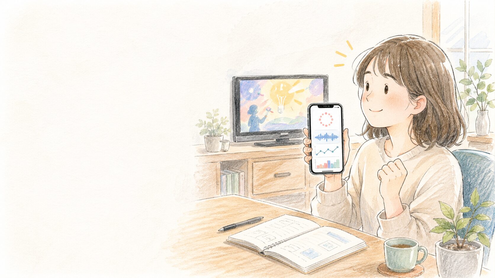 テレビで気になったことを、その日のうちにスマホの自作アプリで試している様子（手書き風イラスト）