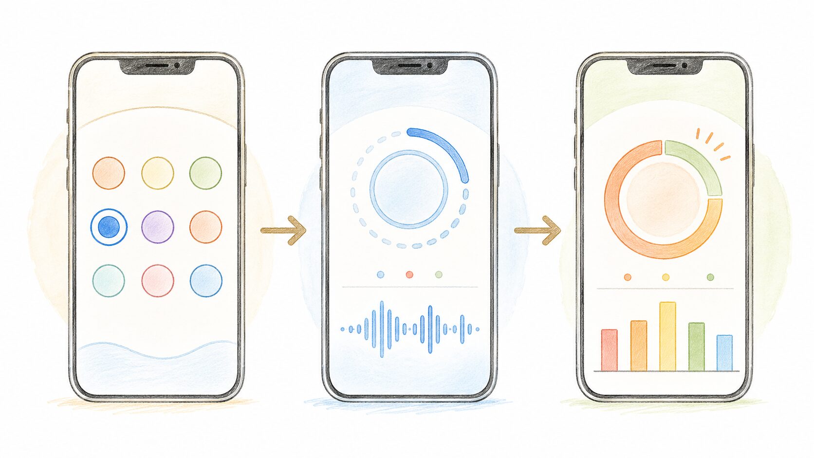 発音の選択→開始と録音→回数推定とグラフ表示、の流れを示した3ステップ模式図（手書き風）