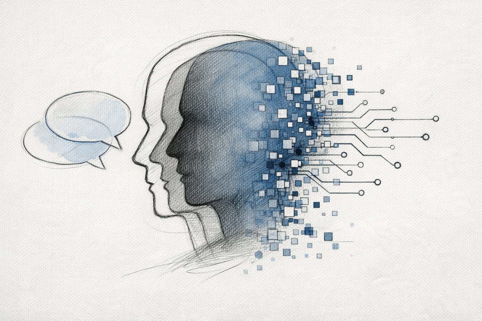 顔の輪郭が二重にずれ、吹き出しが重なって見える、真偽が揺らぐAI時代を表す手書き風の挿絵。