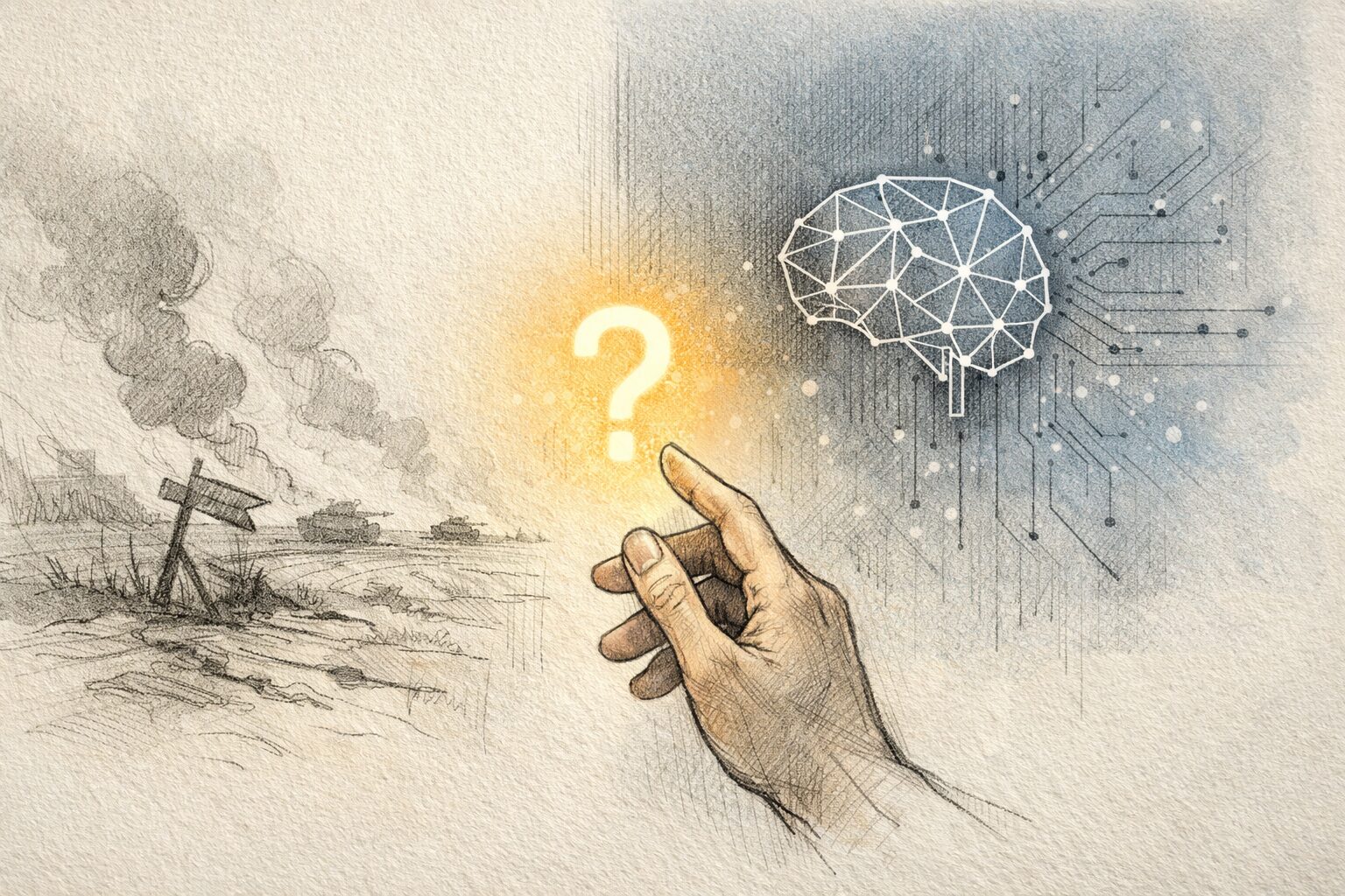 戦争の影とAIの回路模様の間で、光る疑問を確かめるように手を伸ばす手書き風の挿絵。
