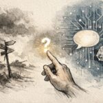 戦争の影とAIの回路模様の間で、光る疑問符に手を伸ばす人物の手書き風イラスト。