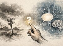 戦争の影とAIの回路模様の間で、光る疑問符に手を伸ばす人物の手書き風イラスト。