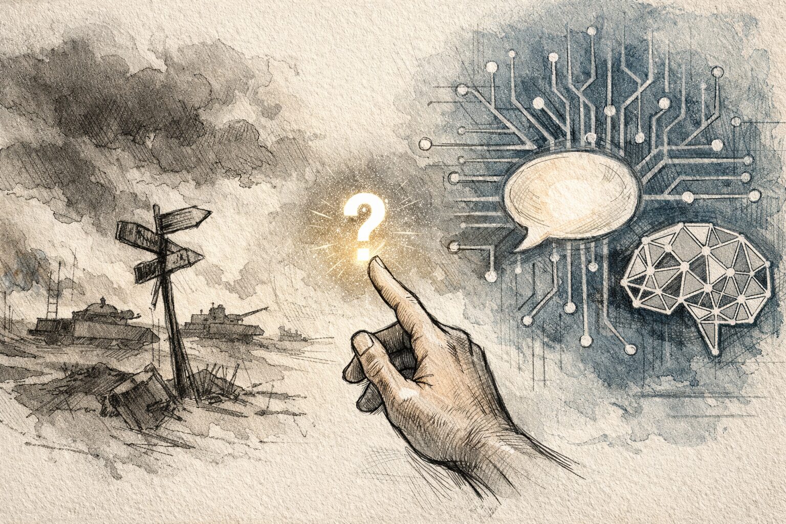 戦争の影とAIの回路模様の間で、光る疑問符に手を伸ばす人物の手書き風イラスト。