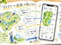 ートに書いた要望の吹き出しが矢印でスマホ画面につながり、会話からゴルフ記録アプリが育つ様子を描いた手書き風イラスト。