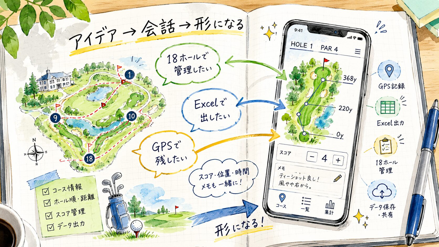 ートに書いた要望の吹き出しが矢印でスマホ画面につながり、会話からゴルフ記録アプリが育つ様子を描いた手書き風イラスト。