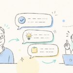 手書き風のイラストで、吹き出しの会話と電球・チェックマークが描かれた「2026年版 AIとの付き合い方」を表す横長アイキャッチ
