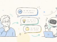 手書き風のイラストで、吹き出しの会話と電球・チェックマークが描かれた「2026年版 AIとの付き合い方」を表す横長アイキャッチ
