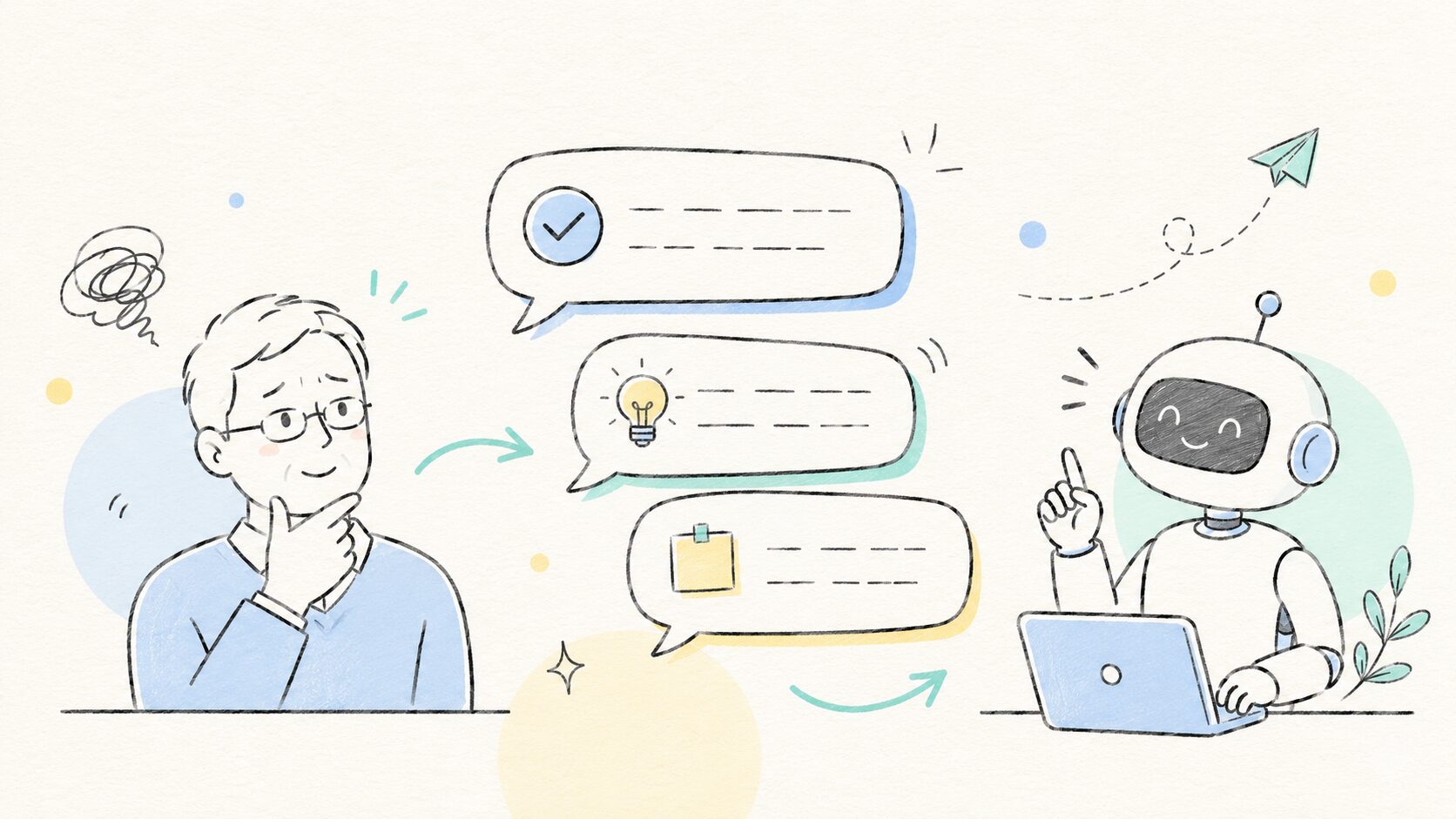 手書き風のイラストで、吹き出しの会話と電球・チェックマークが描かれた「2026年版 AIとの付き合い方」を表す横長アイキャッチ