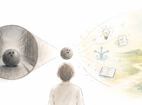 中央の一つのモチーフを、左側では狭く重く、右側では明るく多面的に捉えている対比で「解釈を変えると見え方が広がる」を表した手書き風の絵。
