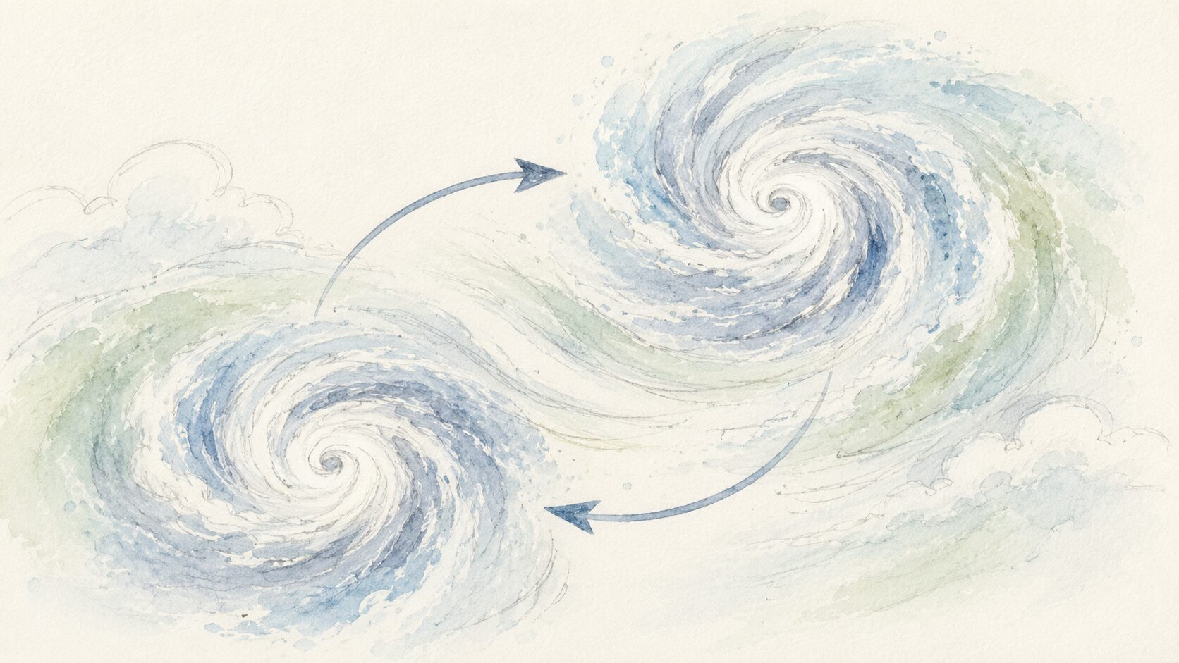 二つの台風の渦が互いに影響し合いながら動く様子を表した手書き風の図解イラスト