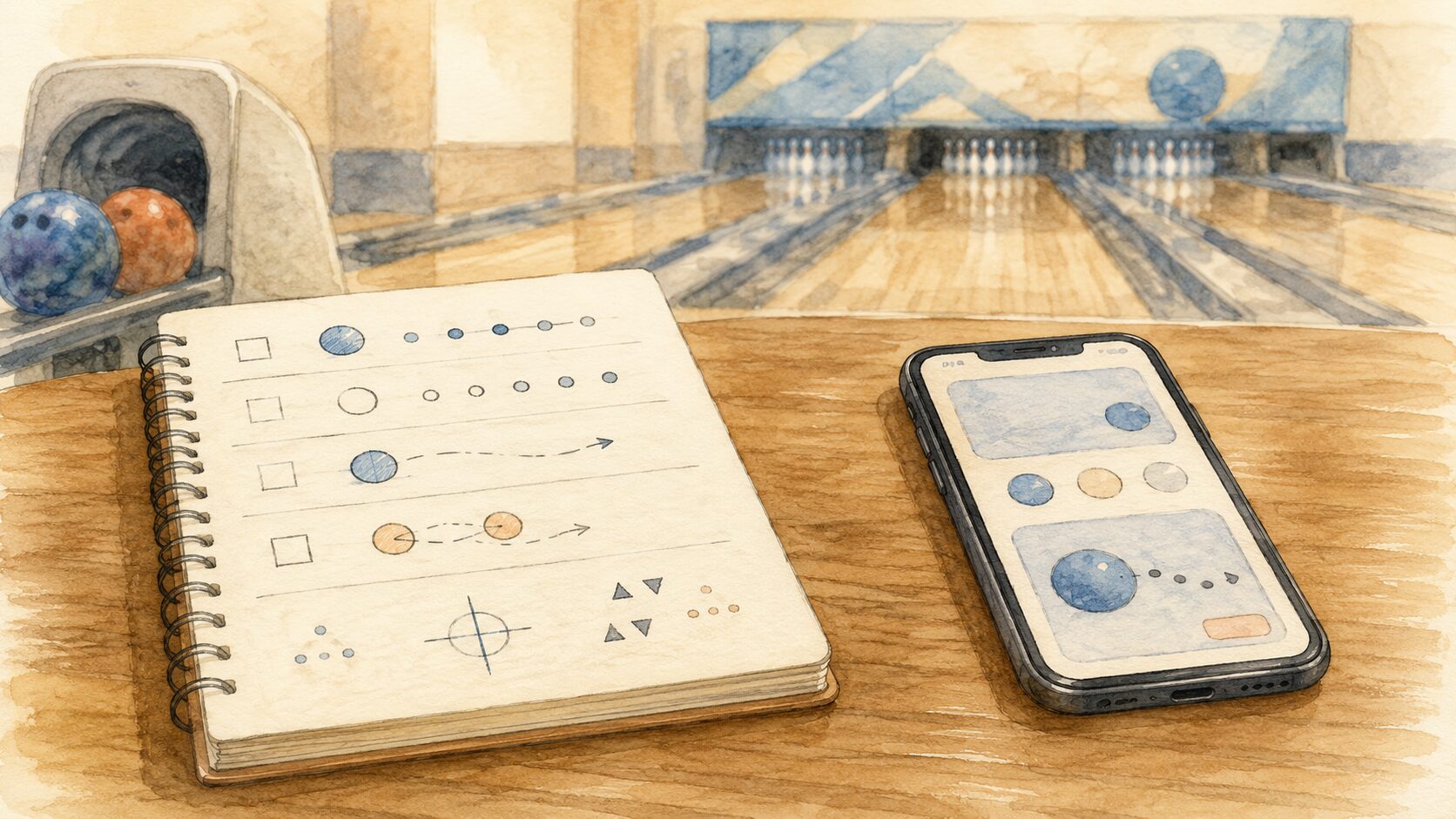 ボウリング場で、メモ帳とスマホに投球の工夫を記録する様子を描いた手書き風の横長イラスト。