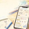 ボウリングのレーンとピンを背景に、練習内容を記録するスマートフォン画面が描かれた手書き風イラスト。