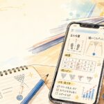 ボウリングのレーンとピンを背景に、練習内容を記録するスマートフォン画面が描かれた手書き風イラスト。