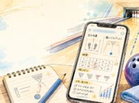 ボウリングのレーンとピンを背景に、練習内容を記録するスマートフォン画面が描かれた手書き風イラスト。