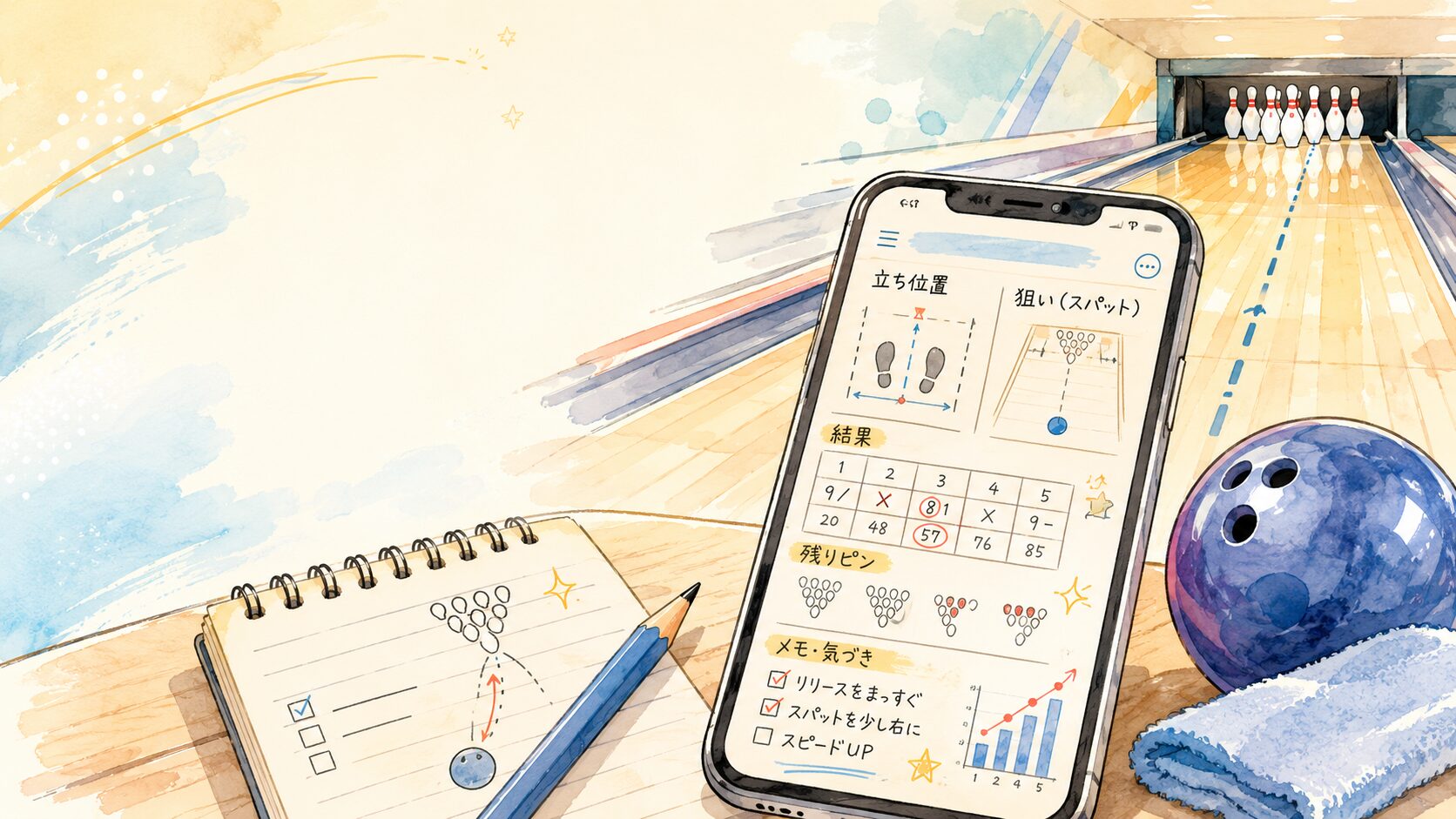 ボウリングのレーンとピンを背景に、練習内容を記録するスマートフォン画面が描かれた手書き風イラスト。