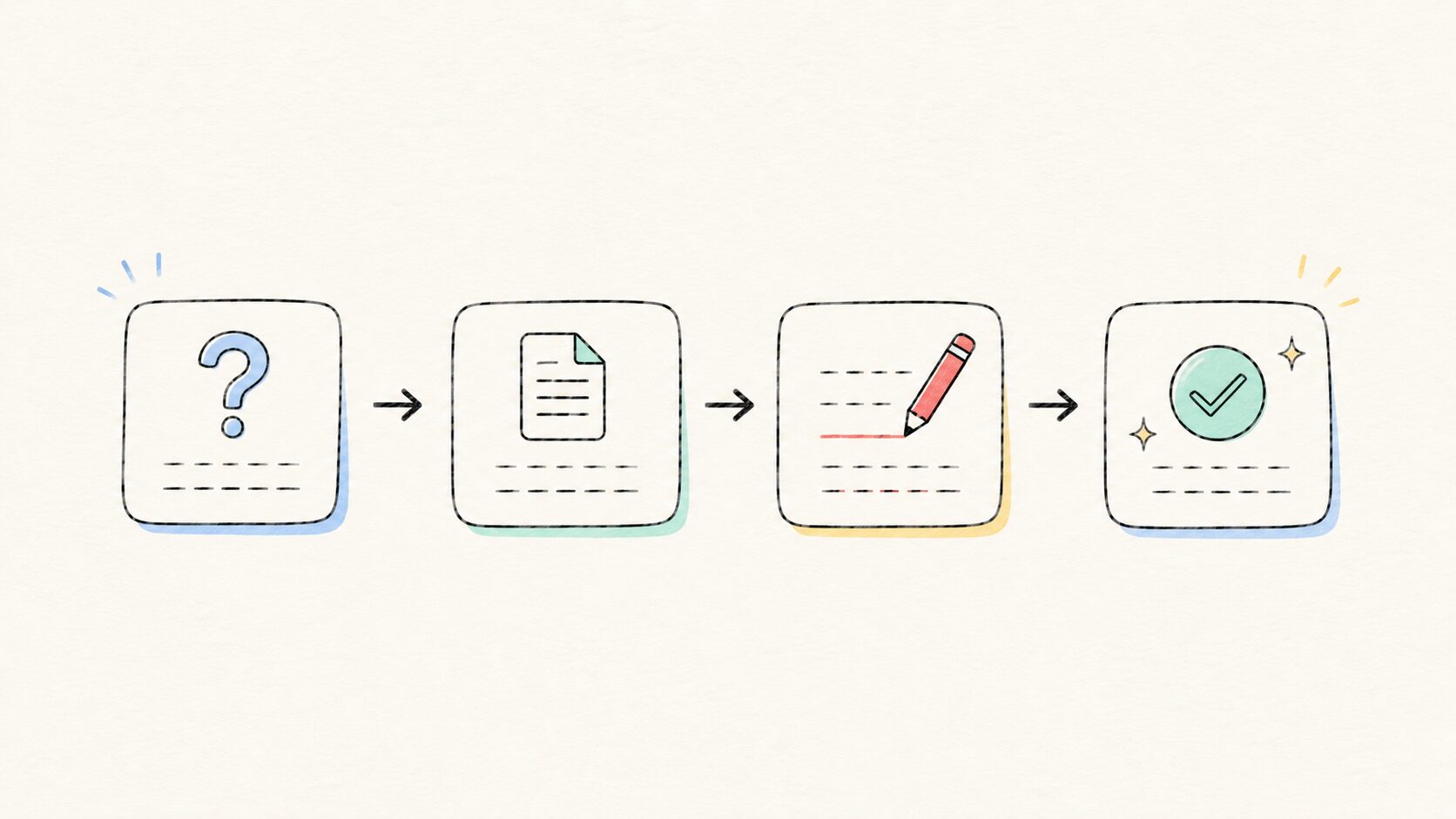 質問→たたき台→修正→完成の流れを示す手書き風の4ステップ図