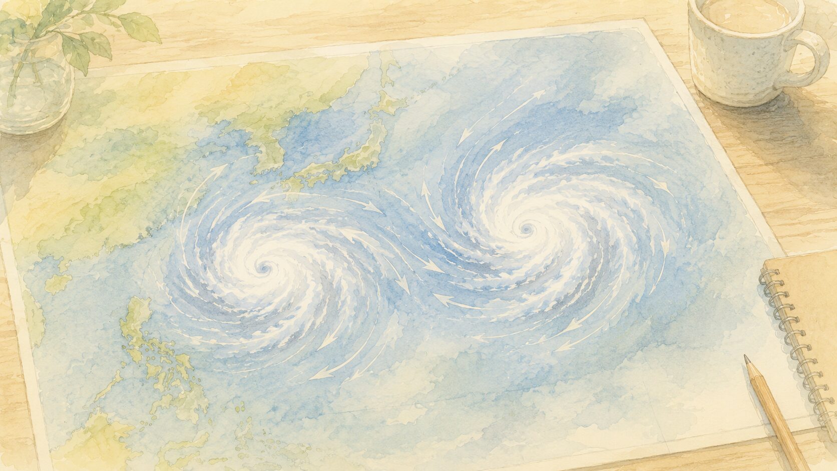 天気図の上で二つの台風が近づいている様子を描いた手書き風イラスト