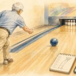 手書き風のボウリング場。レーンの奥にピンが並び、手前でボールを投げる人物のそばに、立ち位置や狙いを記録するメモ帳とスマホが置かれている横長イラスト。