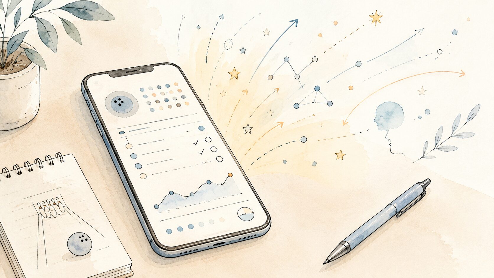 スマホの記録画面とメモ帳から、気づきが広がる様子を描いた手書きイラスト。