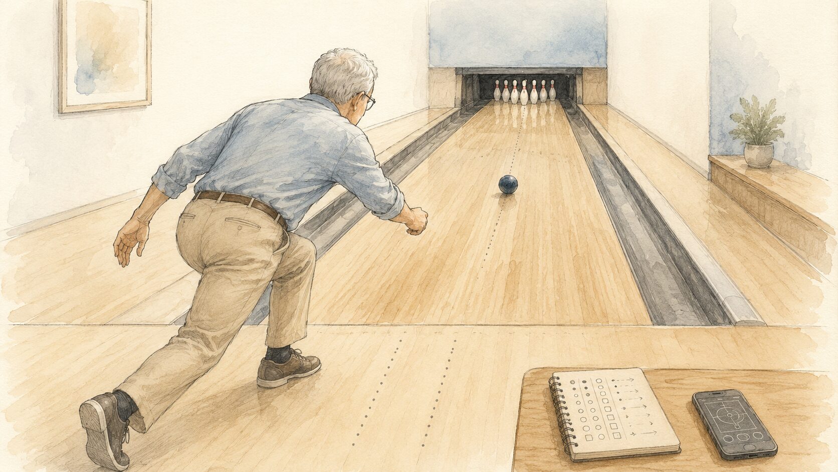 立ち位置と狙い、ボールの軌道を手描きの線で示した、考えて投げるボウリングの横長イラスト。