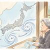 天気図に描かれた二つの台風を見ながら、人生の流れについて静かに考える年配の人物の手書き風イラスト