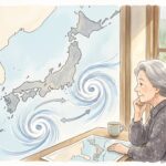 天気図に描かれた二つの台風を見ながら、人生の流れについて静かに考える年配の人物の手書き風イラスト