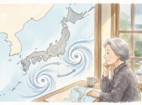 天気図に描かれた二つの台風を見ながら、人生の流れについて静かに考える年配の人物の手書き風イラスト