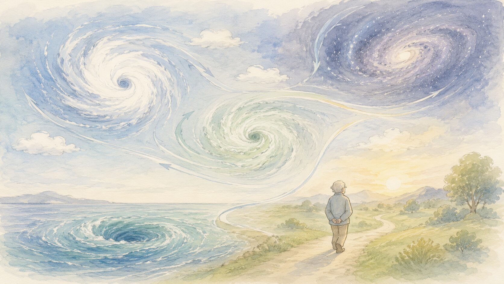 台風、渦潮、銀河の渦と、人生の道を歩く人物を重ねて描いた手書き風イラスト