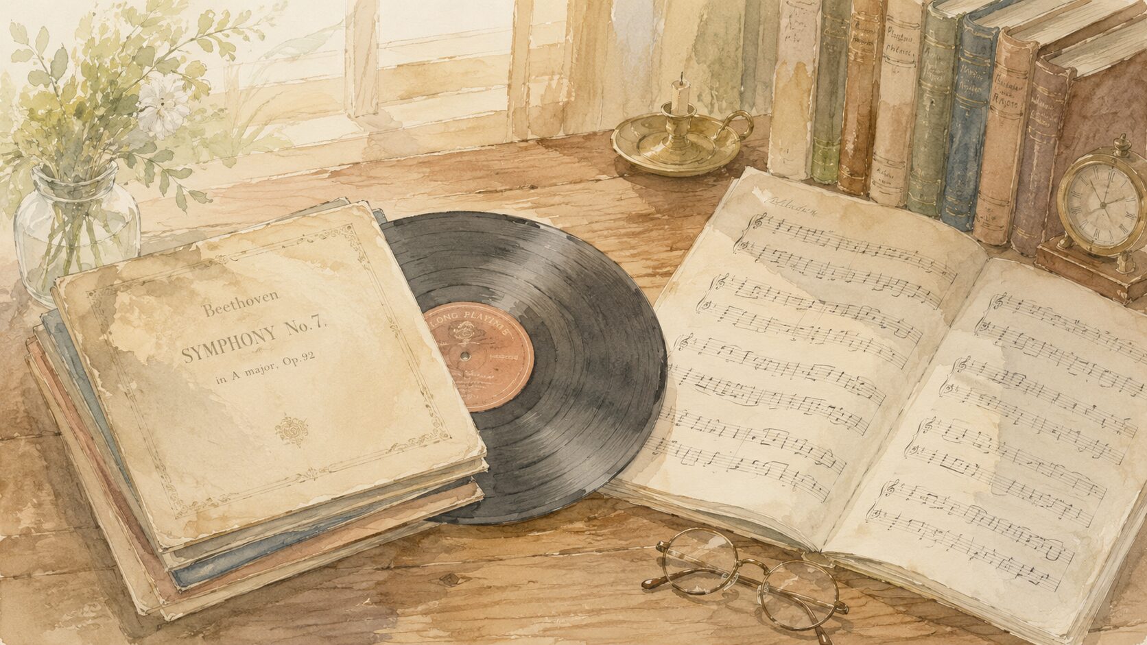 昔の音楽を思い出させるレコードと楽譜