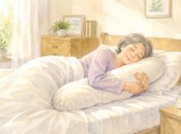 抱き枕を使って心地よく眠るシニア世代の寝室風景