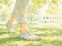 朝の公園でベアフットシューズを履いて歩く様子