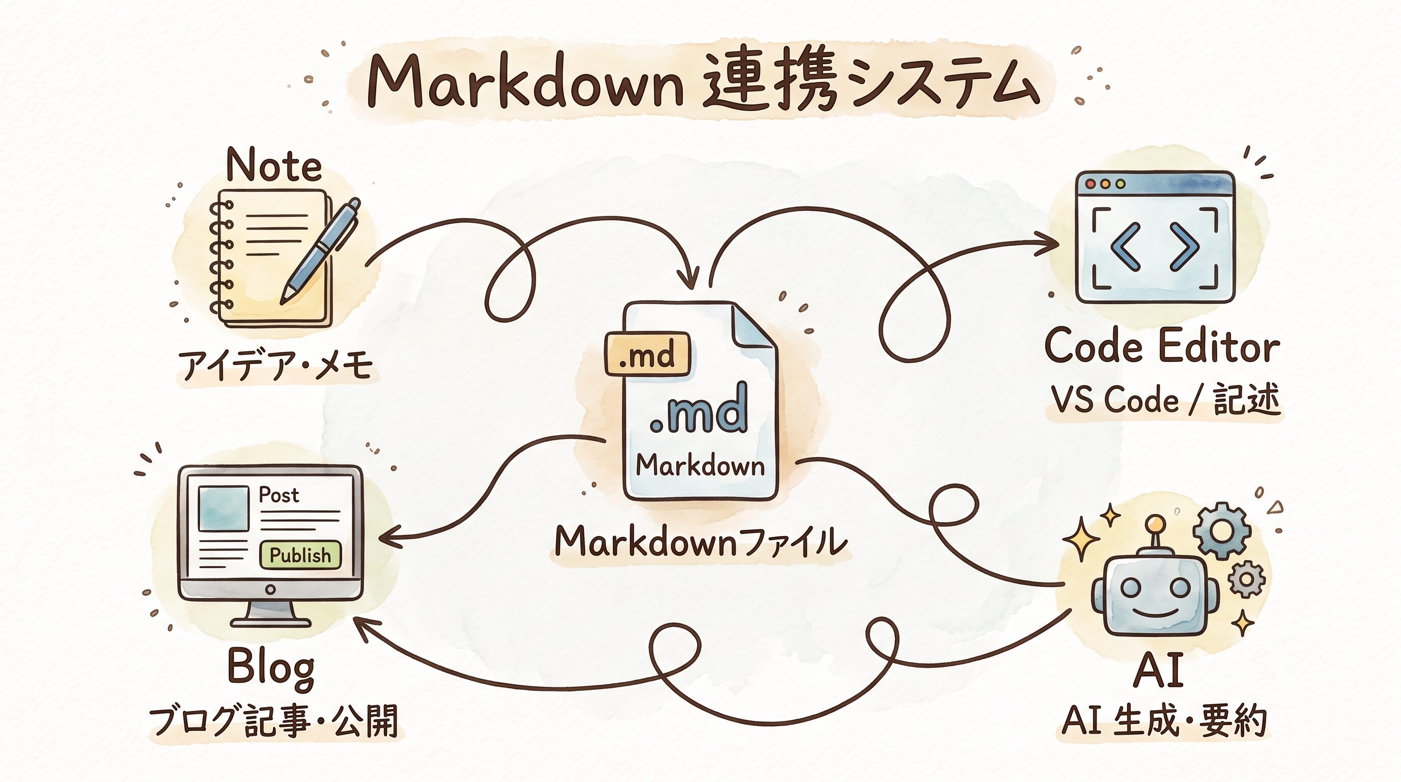 一つのMarkdownファイルを複数のソフトで利用するイメージ