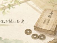 和紙の上に古い易経の本と三枚の古銭が置かれ、朝の柔らかな光が差し込む机を描いた手書き風の水彩イラスト。「変化を読む知恵」の文字入り。