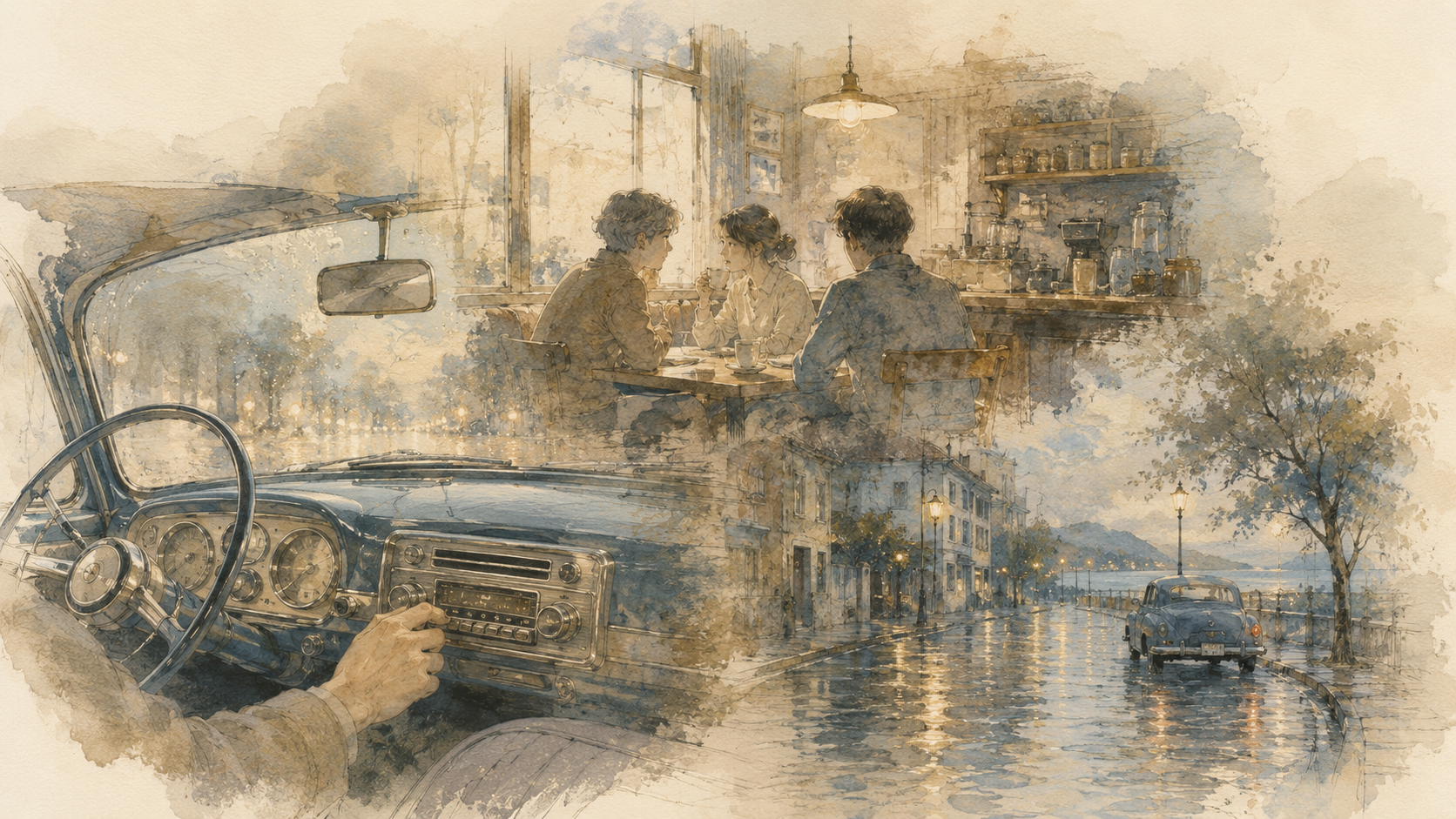 昔の歌から車のラジオや喫茶店など懐かしい情景がよみがえるイラスト