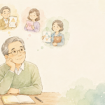 頭の中で4つの役割に分けて考える様子を描いた手書き風イラスト