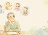 頭の中で4つの役割に分けて考える様子を描いた手書き風イラスト