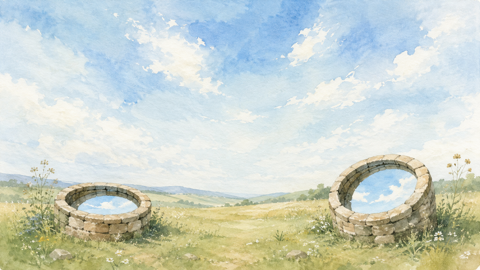 二つの井戸の上に一つの広い空がつながっている手書き風イラスト