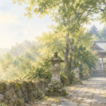 木々と石灯籠に囲まれた古い寺へ続く静かな参道の手書き風イラスト