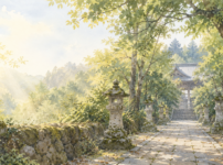 木々と石灯籠に囲まれた古い寺へ続く静かな参道の手書き風イラスト
