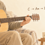 ギターを弾きながらC・Am・Dmの次のコードを考えている手元のイラスト