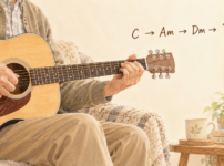 ギターを弾きながらC・Am・Dmの次のコードを考えている手元のイラスト