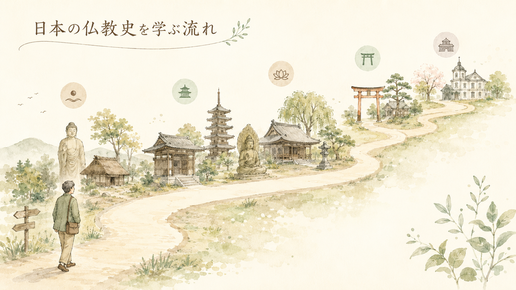 日本の仏教史が時代とともにつながっていく様子を一本の道で表した手書き風イラスト