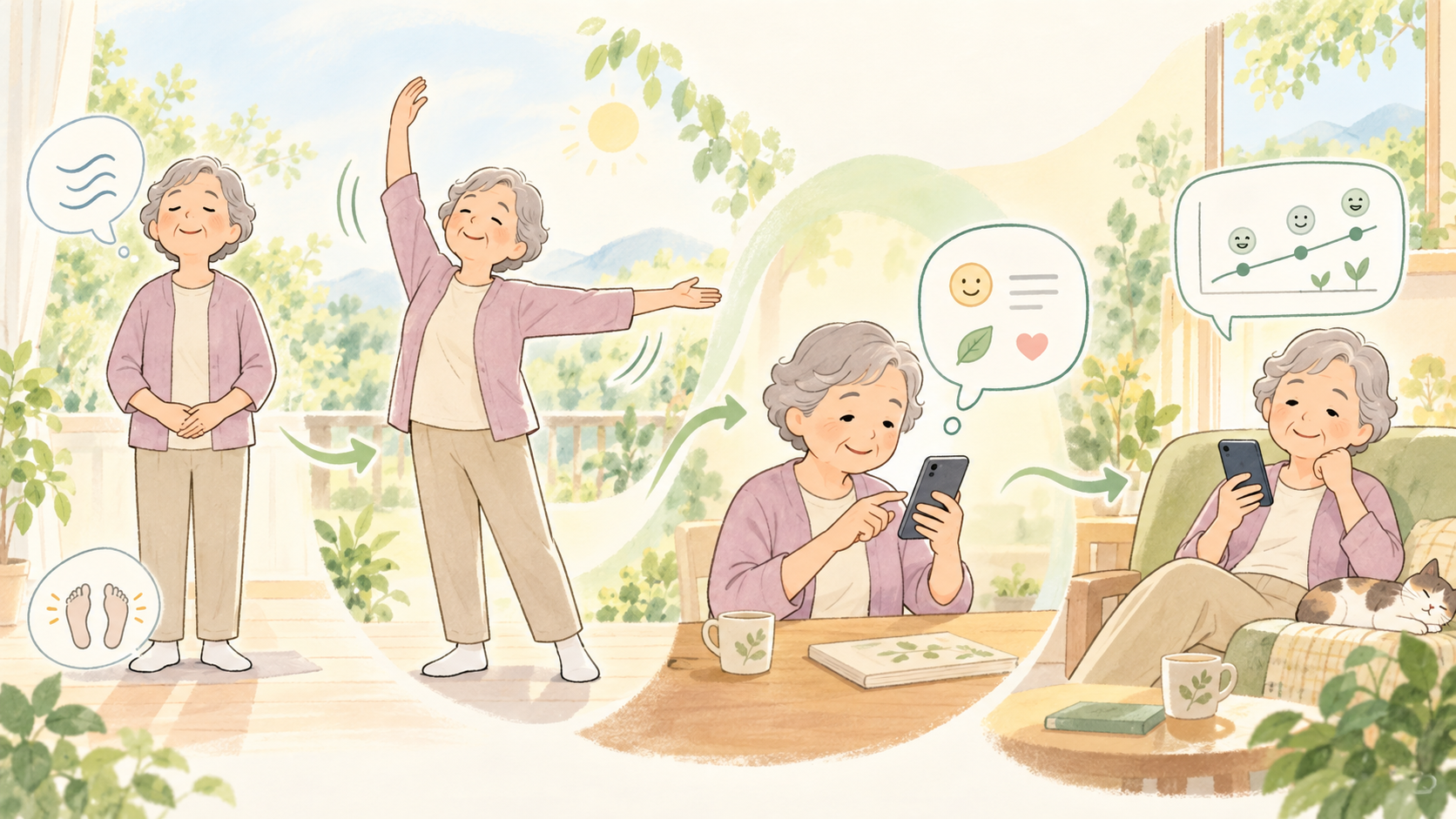 身体を観察し、動かし、記録して振り返る流れを示した手書き風イラスト
