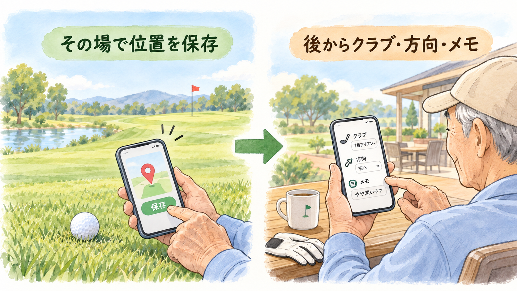 ショット位置はその場で保存し、クラブやメモは後から入力する流れ