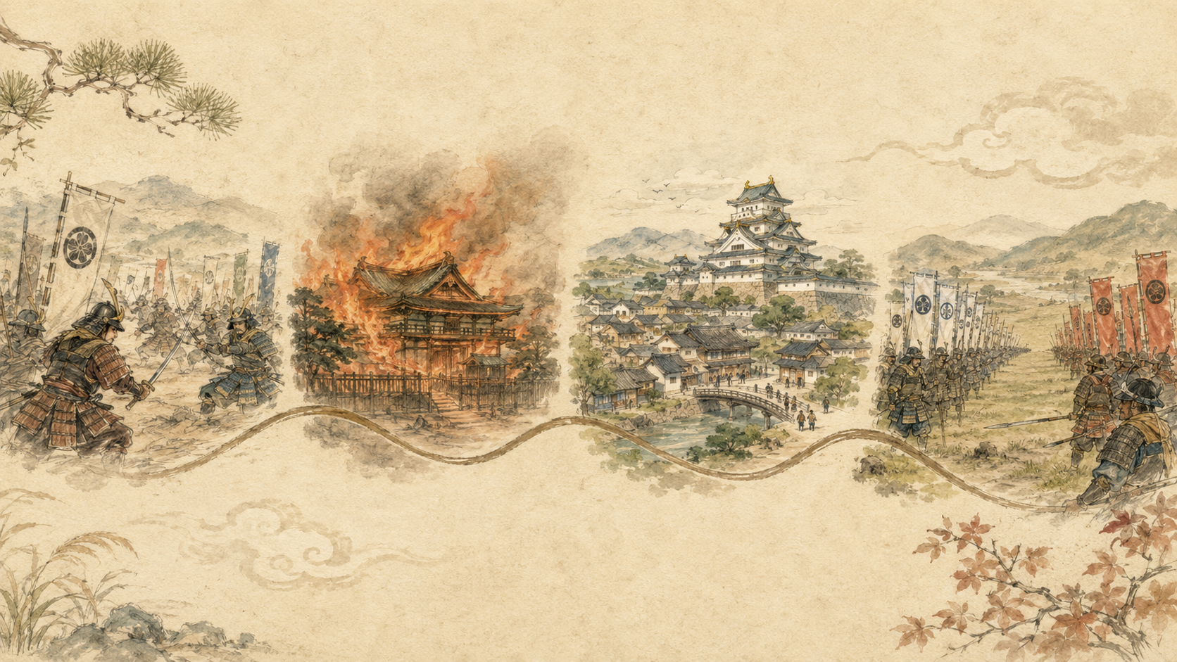 桶狭間から本能寺、秀吉の時代、関ヶ原までを一本の線でつないだ戦国時代のイラスト